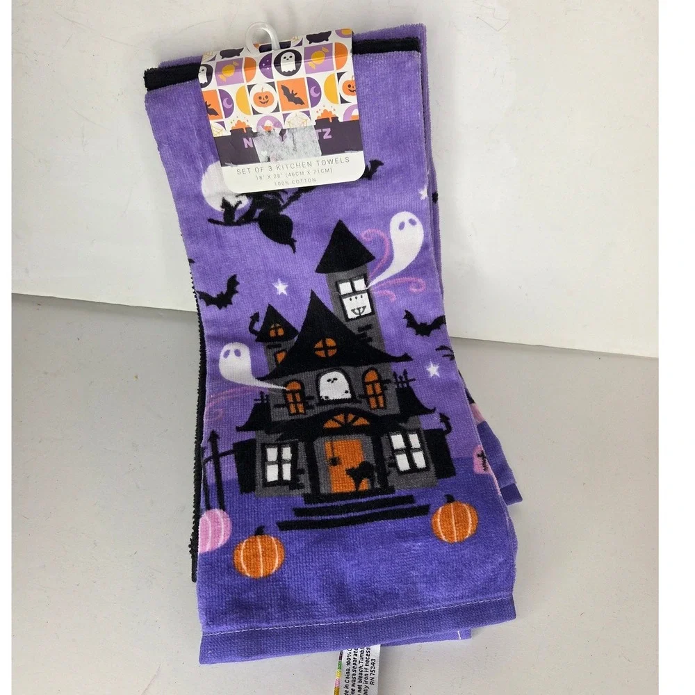 Halloween Haunted House Kitchen Towels Set Purple Black Cotton Ghost Cat Bat